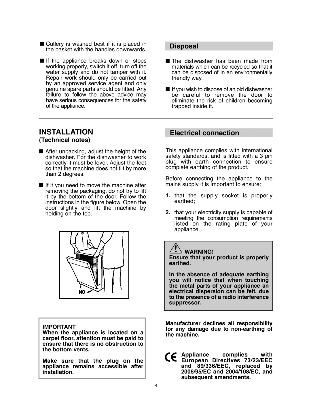 Hoover DDY 062 manual Installation, Disposal, Electrical connection 