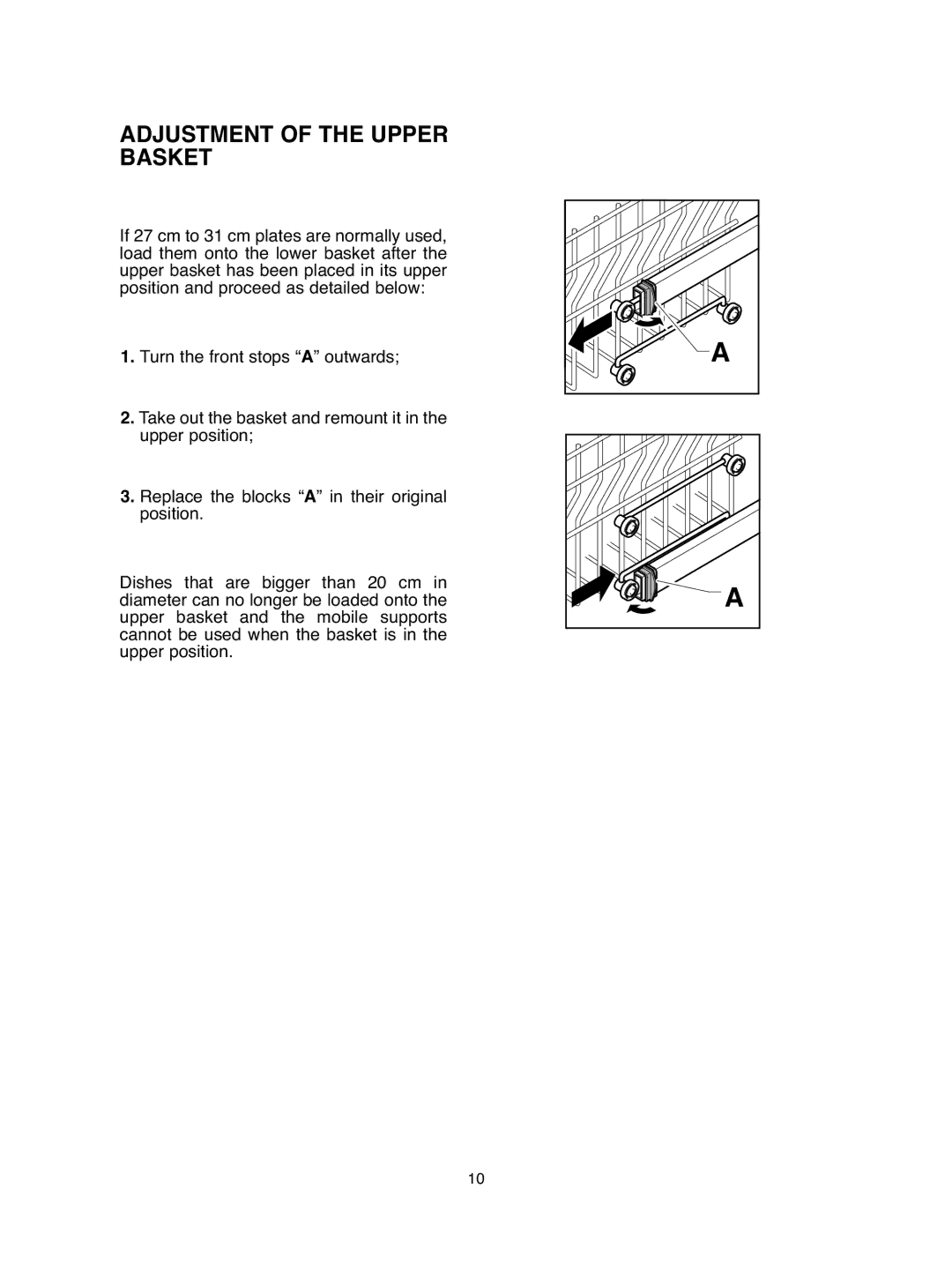 Hoover DDY 062 manual Adjustment of the Upper Basket 