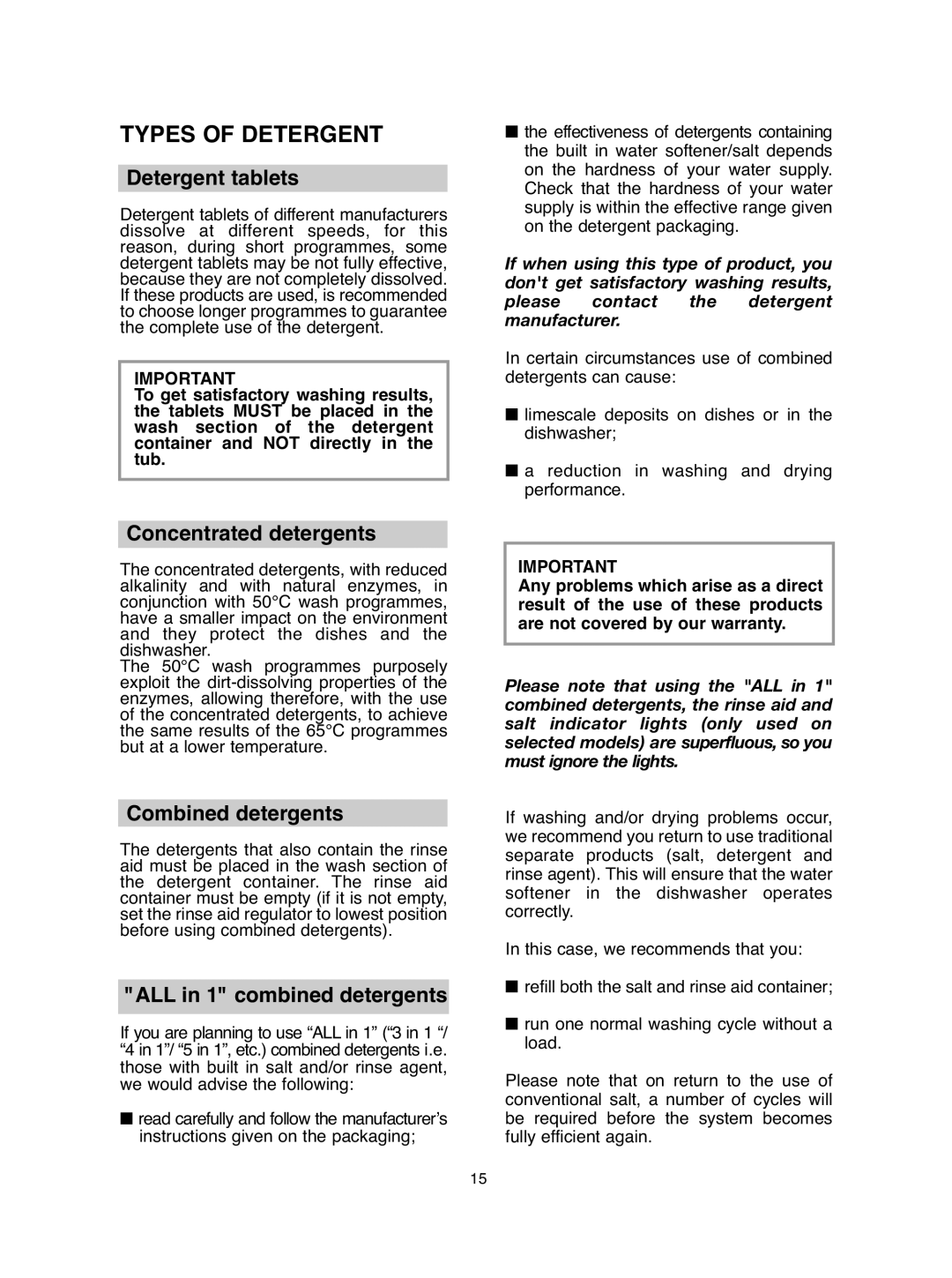 Hoover DDY 062 manual Types of Detergent, Detergent tablets, Concentrated detergents, Combined detergents 