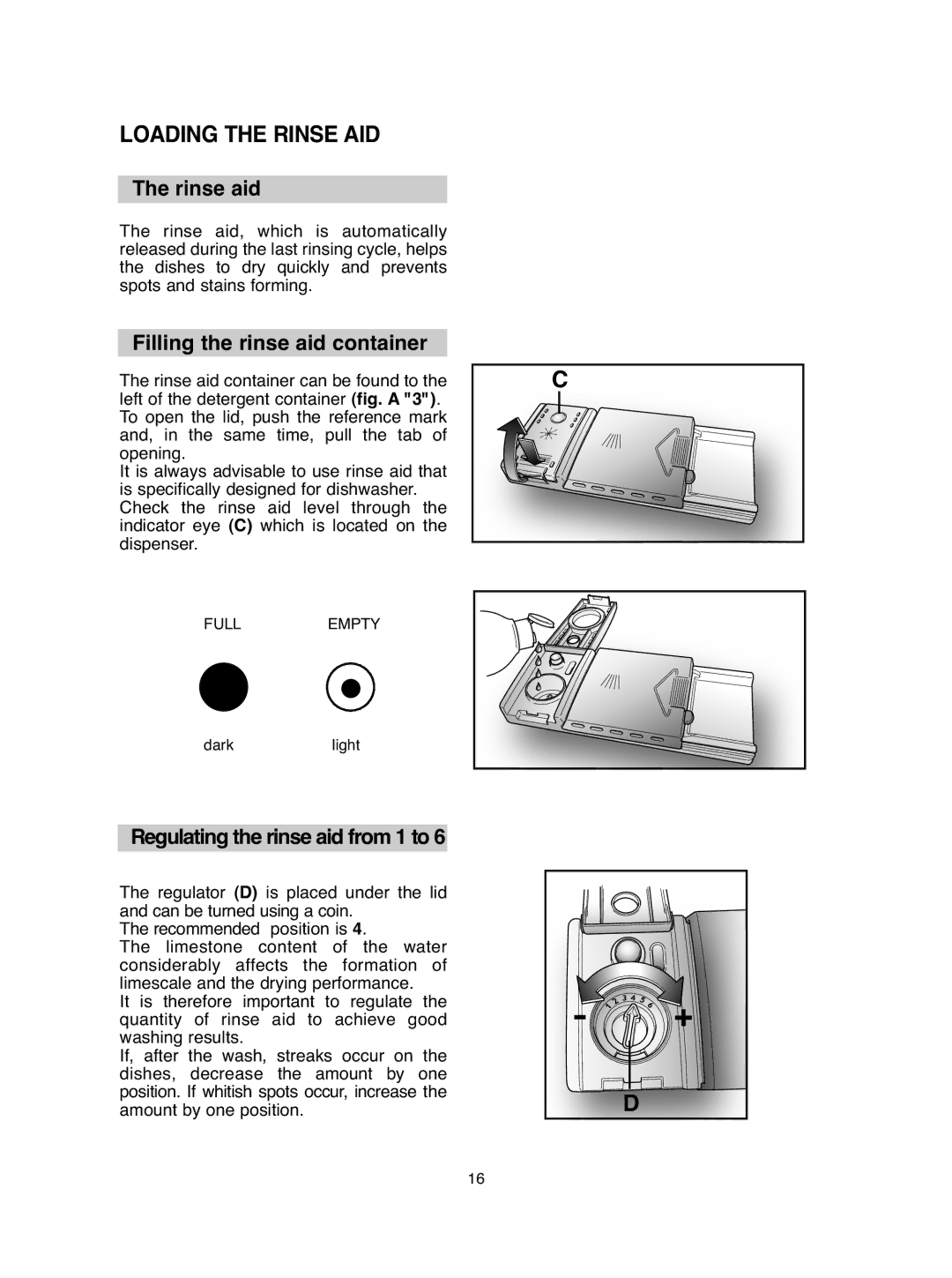 Hoover DDY 062 manual Loading the Rinse AID, Rinse aid, Filling the rinse aid container, Regulating the rinse aid from 1 to 