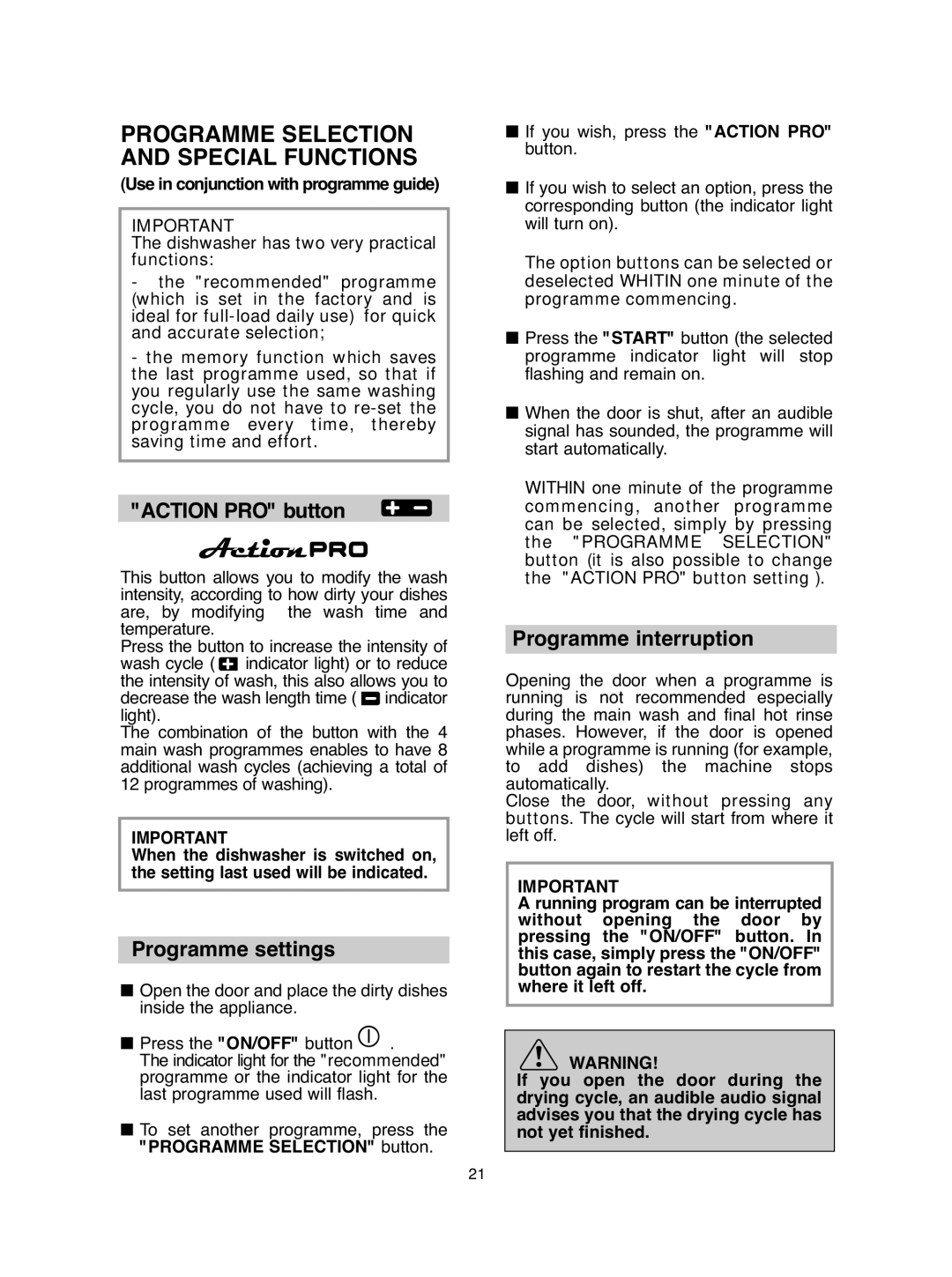 Hoover DDY 062 Programme Selection and Special Functions, Action PRO button, Programme settings, Programme interruption 