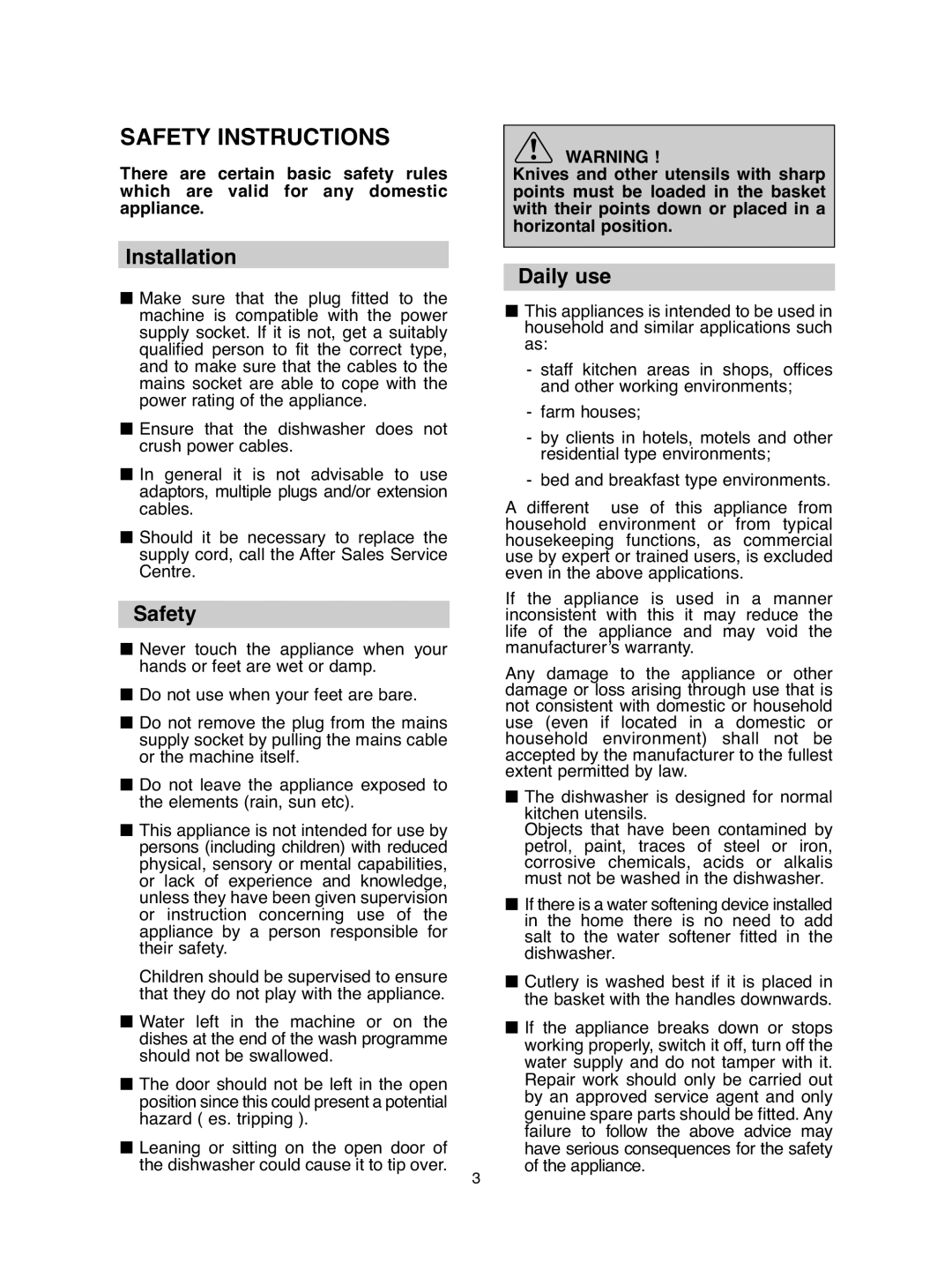 Hoover DDY 062 manual Safety Instructions, Installation, Daily use 