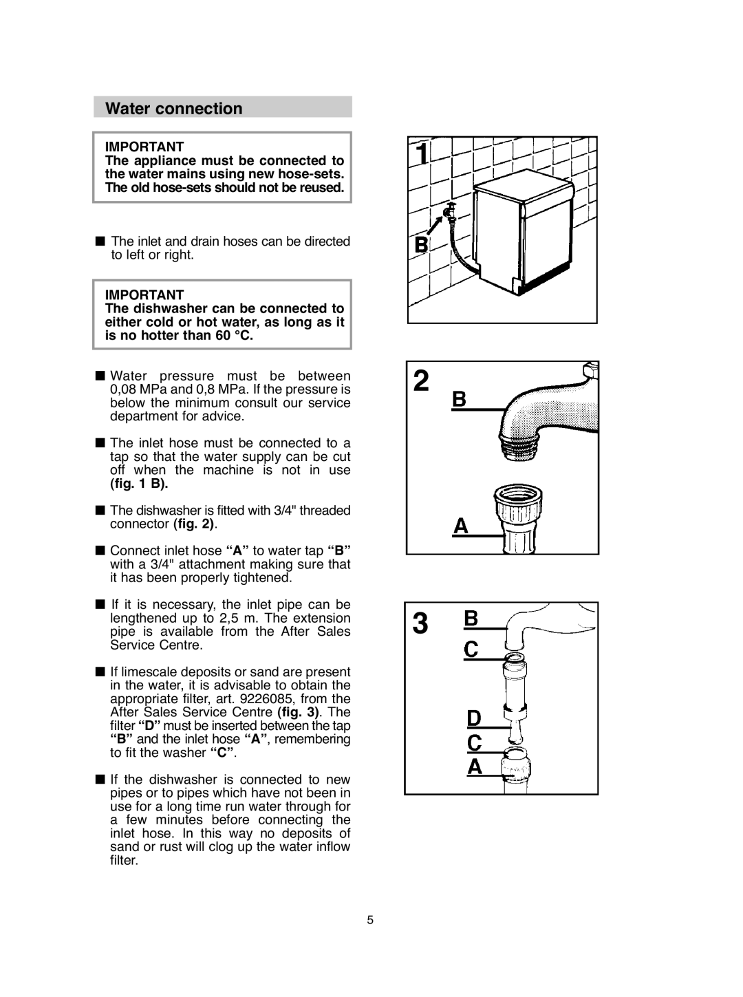 Hoover DDY 062 manual Water connection 