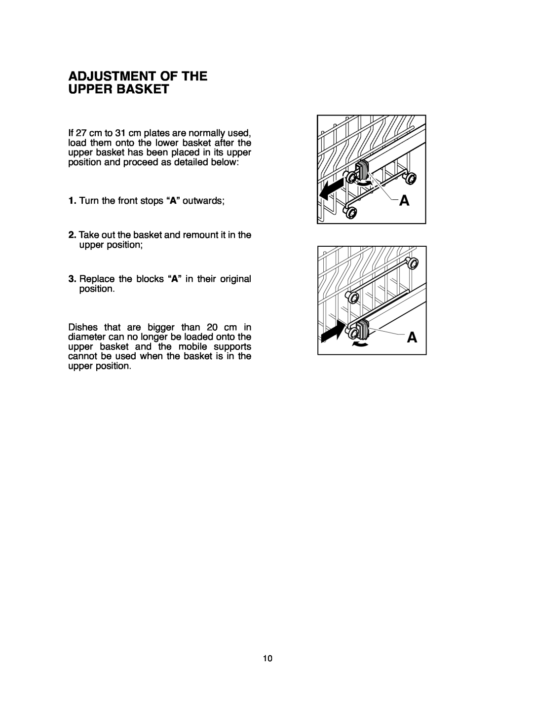 Hoover DDY 062 manual Adjustment Of The Upper Basket 