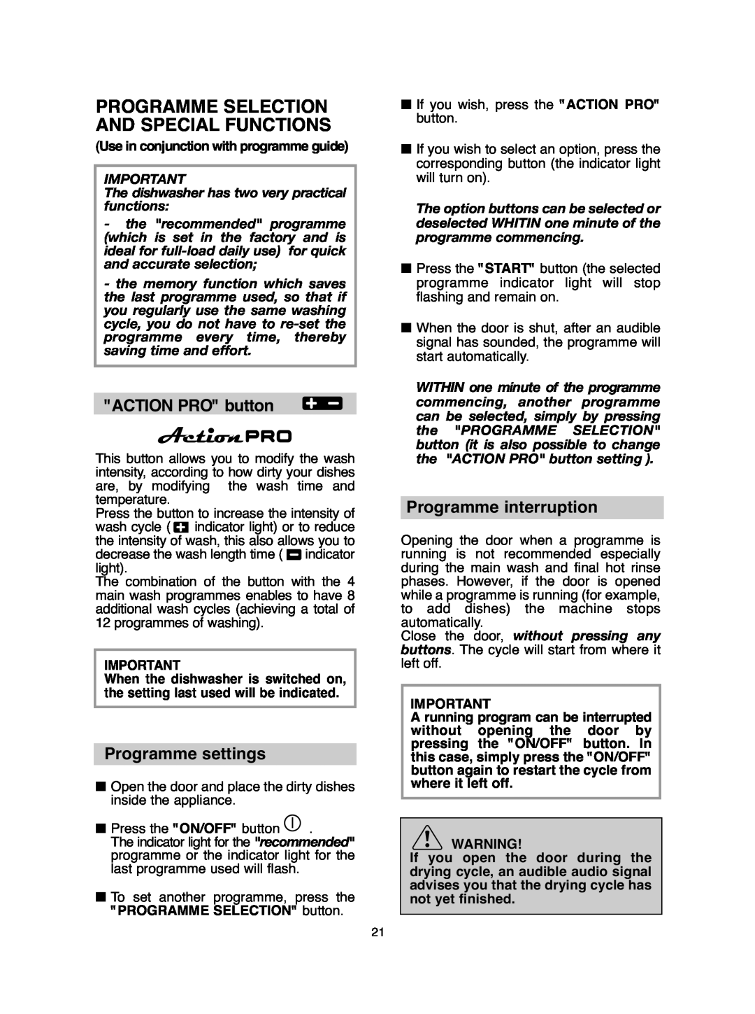 Hoover DDY 062 Programme Selection And Special Functions, ACTION PRO button, Programme settings, Programme interruption 
