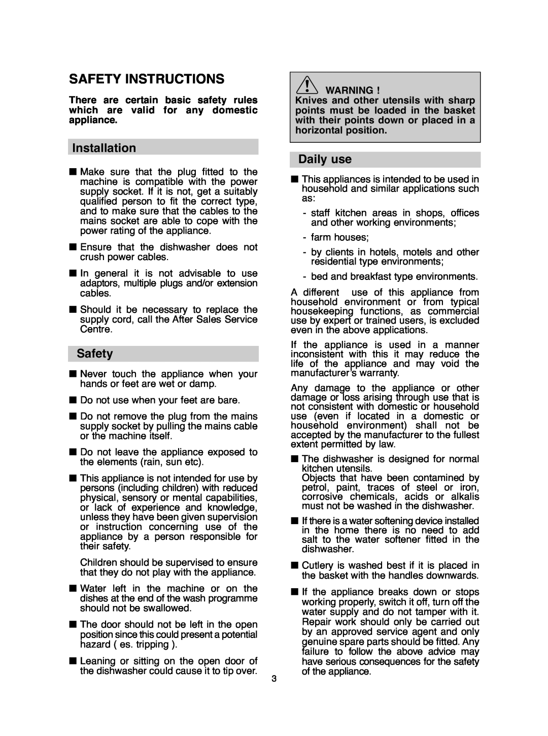 Hoover DDY 062 manual Safety Instructions, Installation, Daily use 