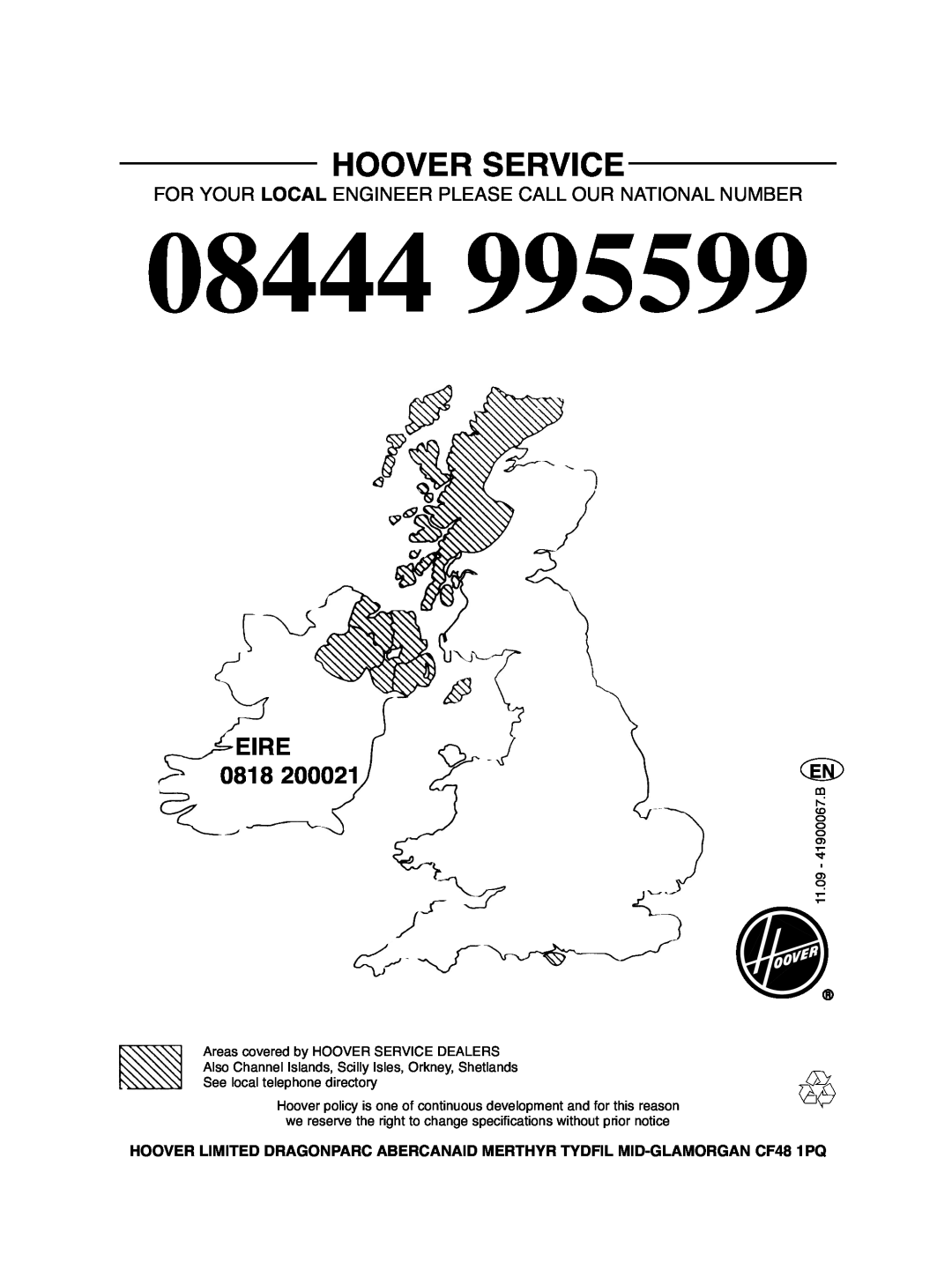Hoover DDY 062 manual 08444, Hoover Service, Eire, Areas covered by HOOVER SERVICE DEALERS, See local telephone directory 