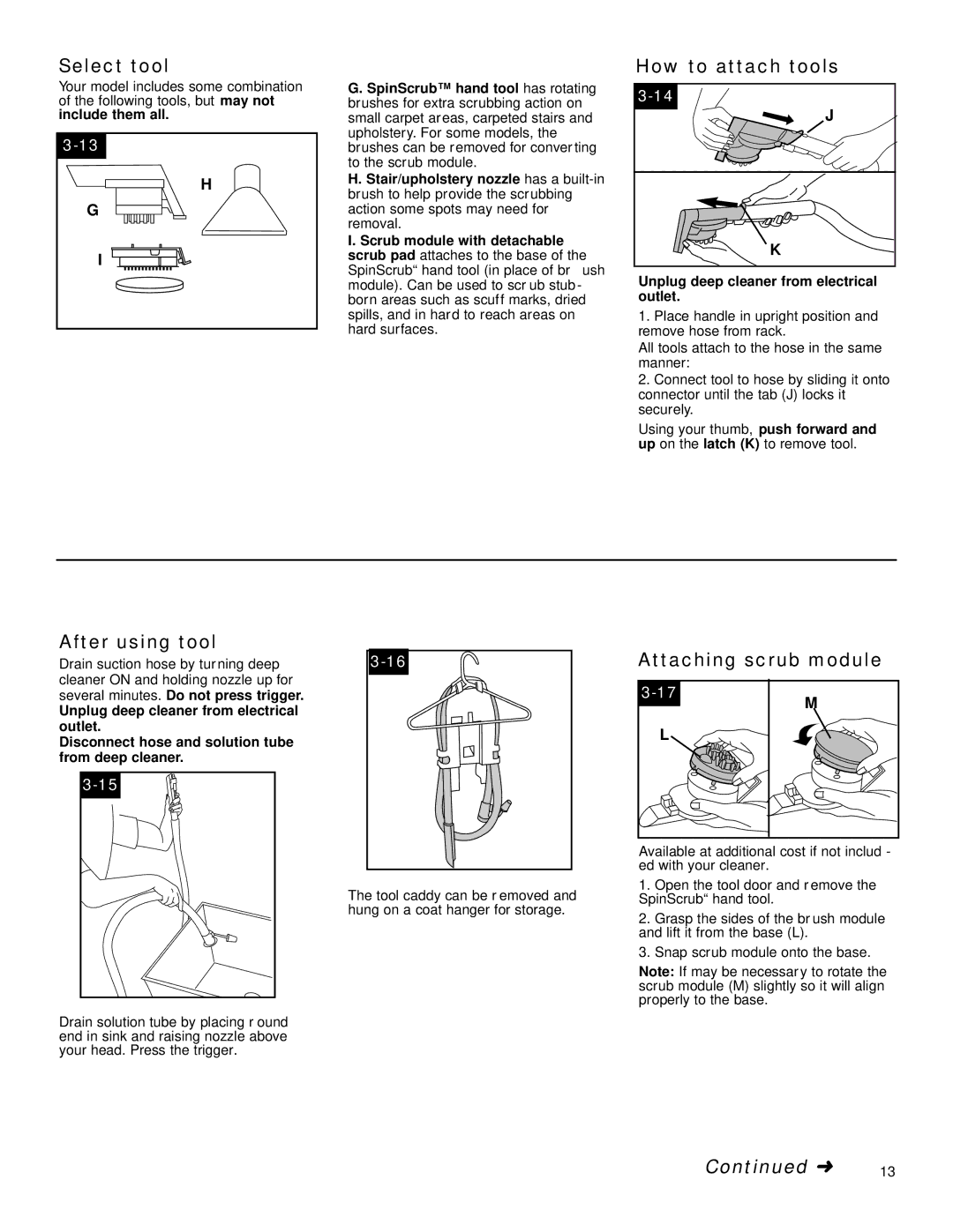 Hoover Deep Cleaner Steam Vacuum manual Select tool, How to attach tools, After using tool, Attaching scrub module 