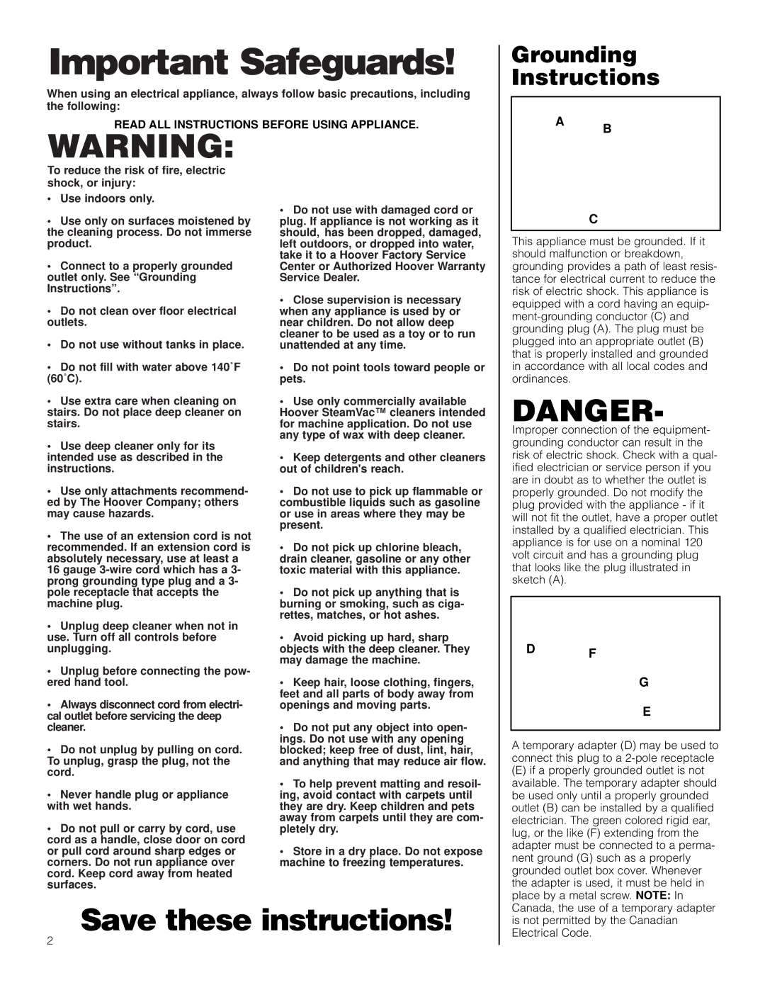 Hoover Deep Cleaner Steam Vacuum manual Important Safeguards 