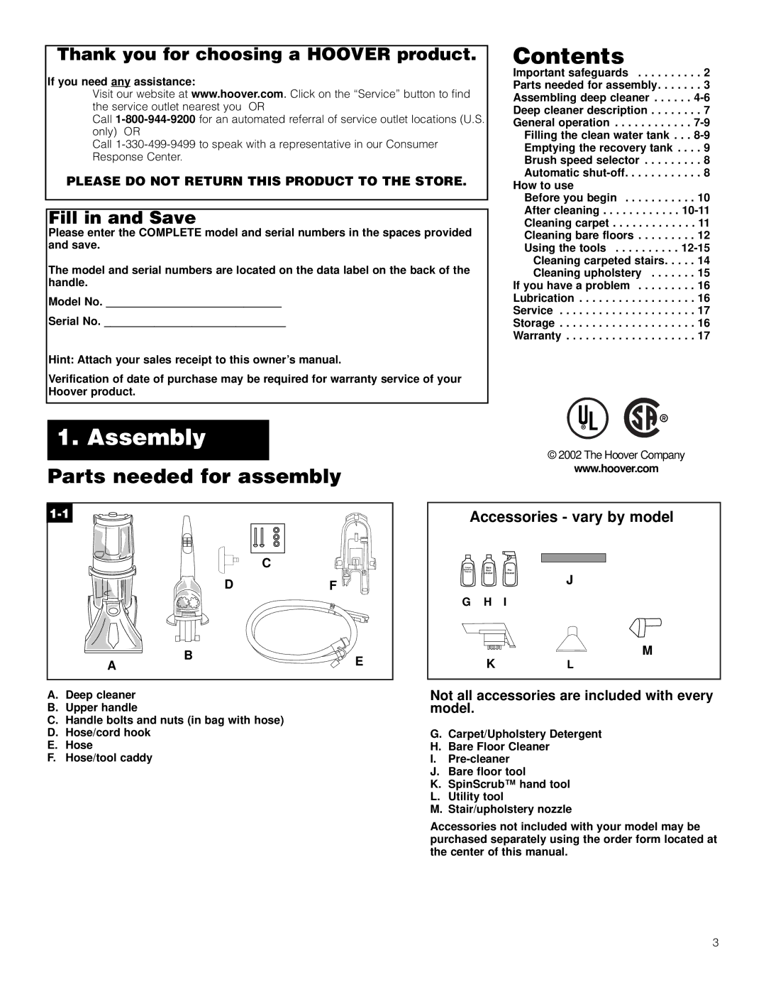 Hoover Deep Cleaner Steam Vacuum manual Contents, Assembly 