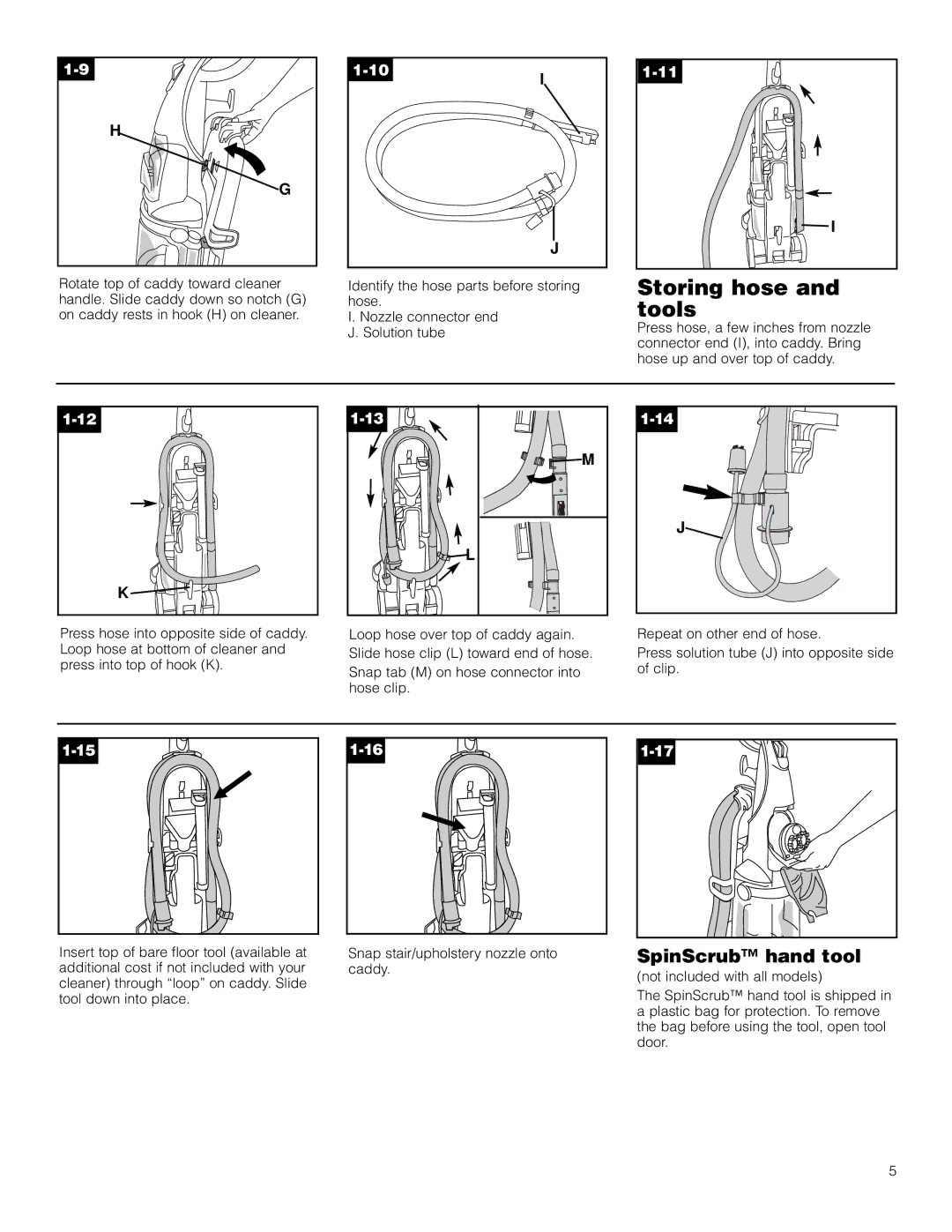 Hoover Deep Cleaner Steam Vacuum manual Storing hose and tools, SpinScrub hand tool 