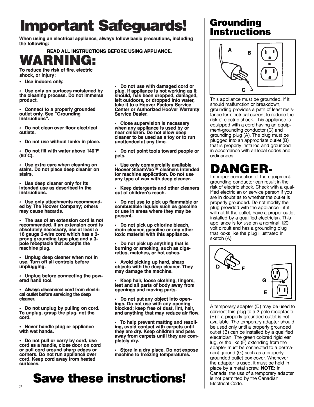 Hoover Deep Cleaner Steam Vacuum Grounding Instructions, D F G E, Important Safeguards, Danger, Save these instructions 