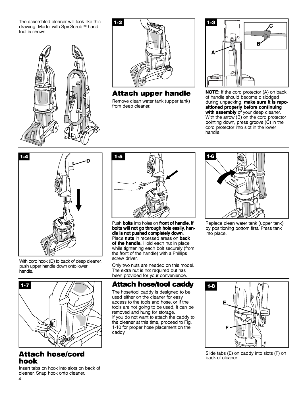 Hoover Deep Cleaner Steam Vacuum manual Attach upper handle, Attach hose/cord hook, Attach hose/tool caddy 