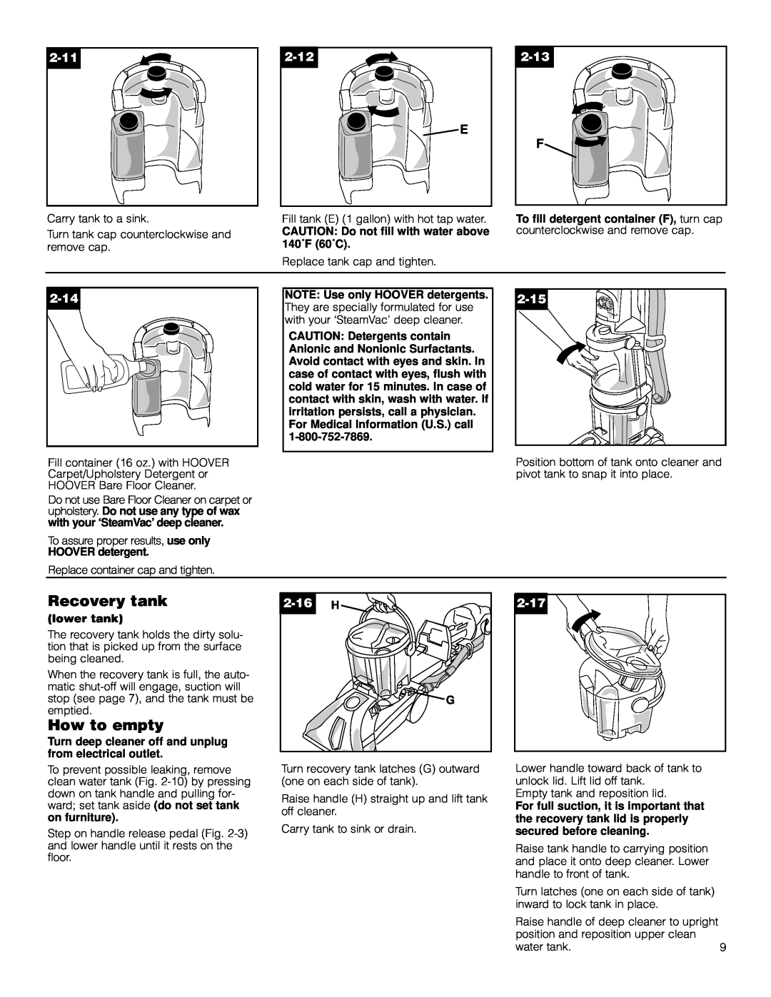 Hoover Deep Cleaner Steam Vacuum manual Recovery tank, How to empty, 2-11, 2-12, 2-13, 2-14, 2-15, 2-16, 2-17 