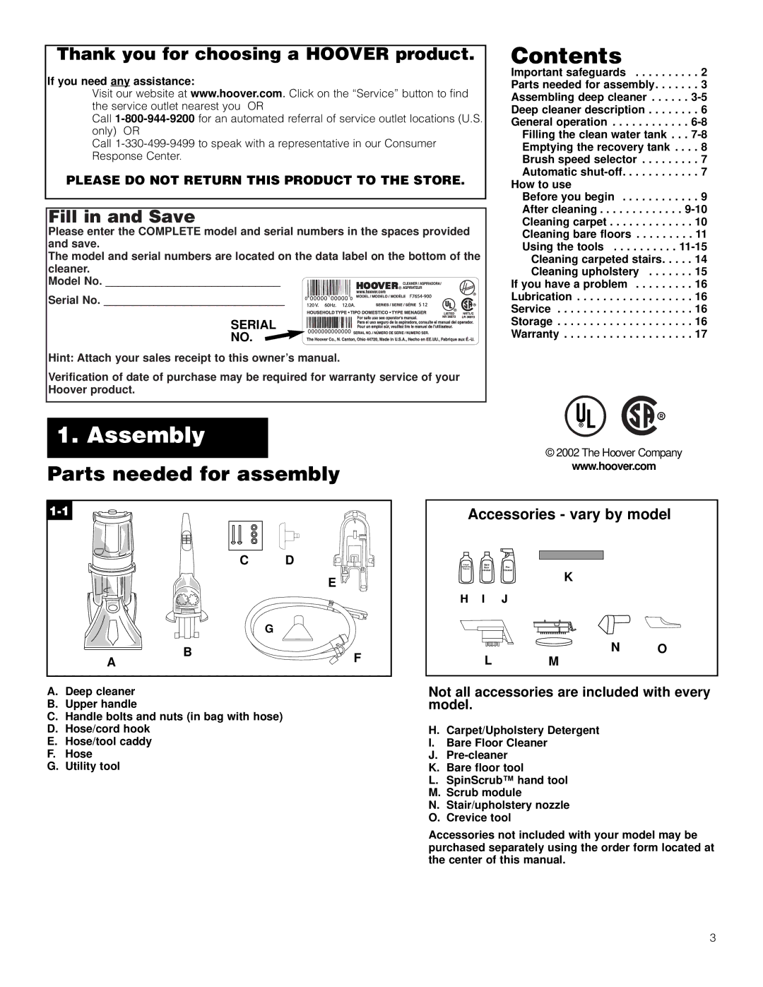 Hoover Deep Cleaner with Auto Rinse SteamVacuum manual Contents, Assembly 