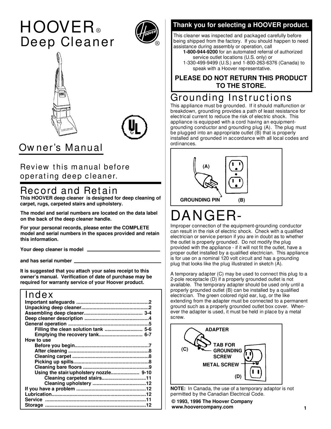 Hoover Deep Cleaner owner manual Record and Retain, Index, Grounding Instructions 