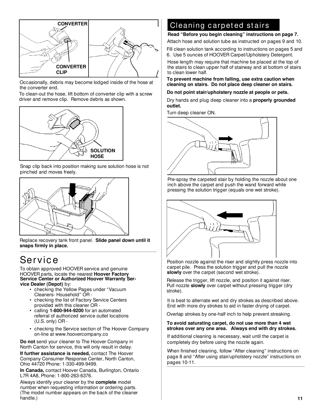 Hoover Deep Cleaner owner manual Service, Cleaning carpeted stairs, Converter Clip, Solution Hose 