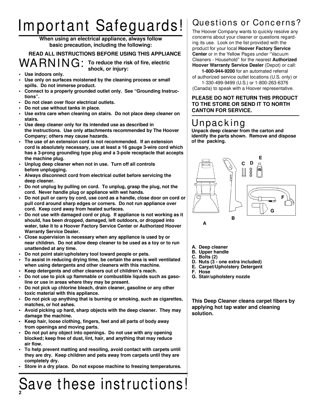 Hoover Deep Cleaner owner manual Important Safeguards, Unpacking 