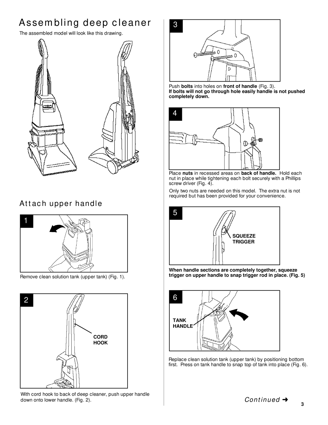 Hoover Deep Cleaner owner manual Assembling deep cleaner, Attach upper handle, Cord Hook, Squeeze Trigger, Tank Handle 