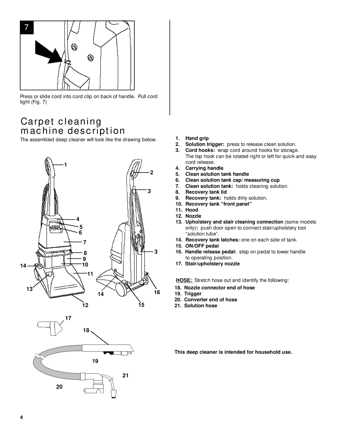 Hoover Deep Cleaner Hand grip, Recovery tank lid, 15. ON/OFF pedal, Nozzle connector end of hose, Trigger, Solution hose 