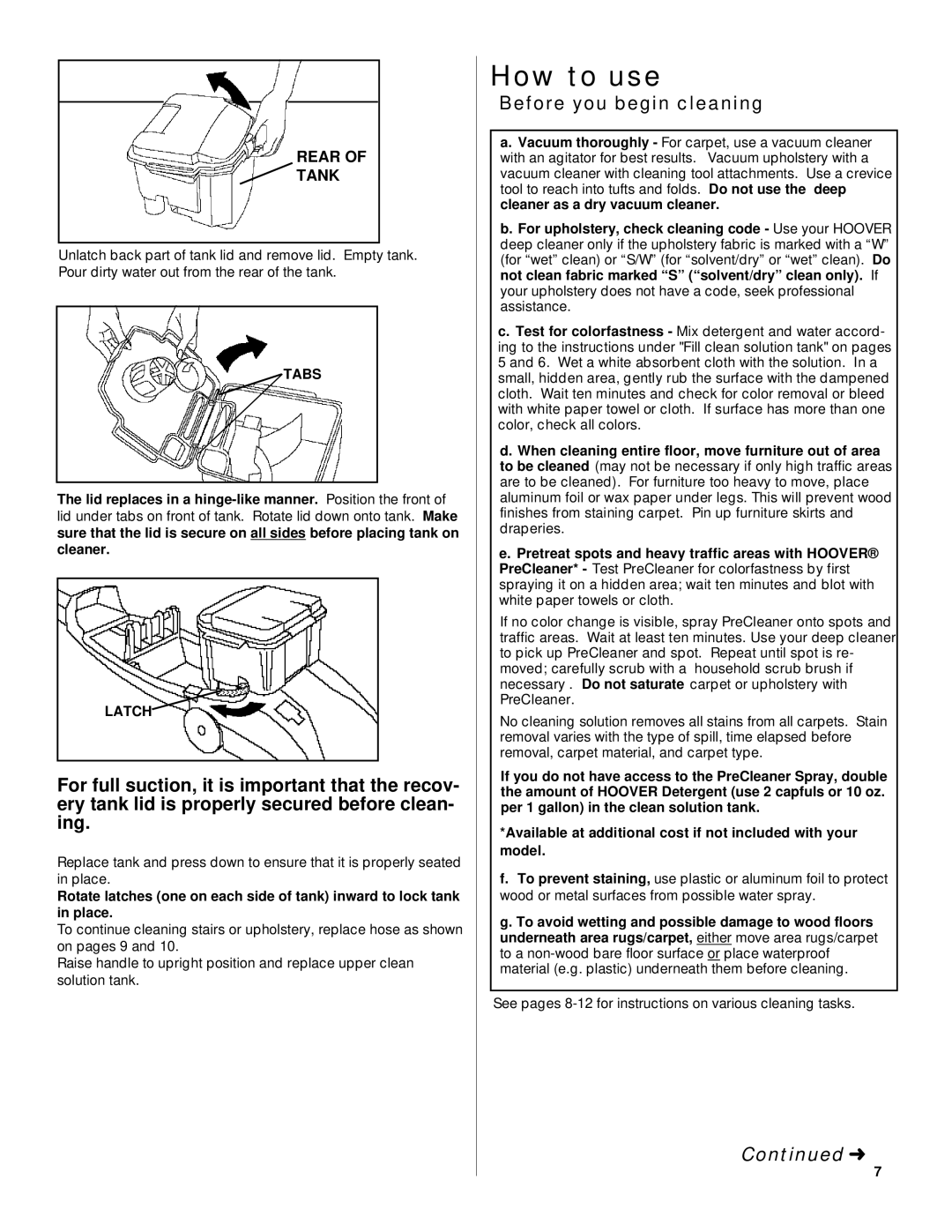 Hoover Deep Cleaner owner manual How to use, Before you begin cleaning, Tabs 