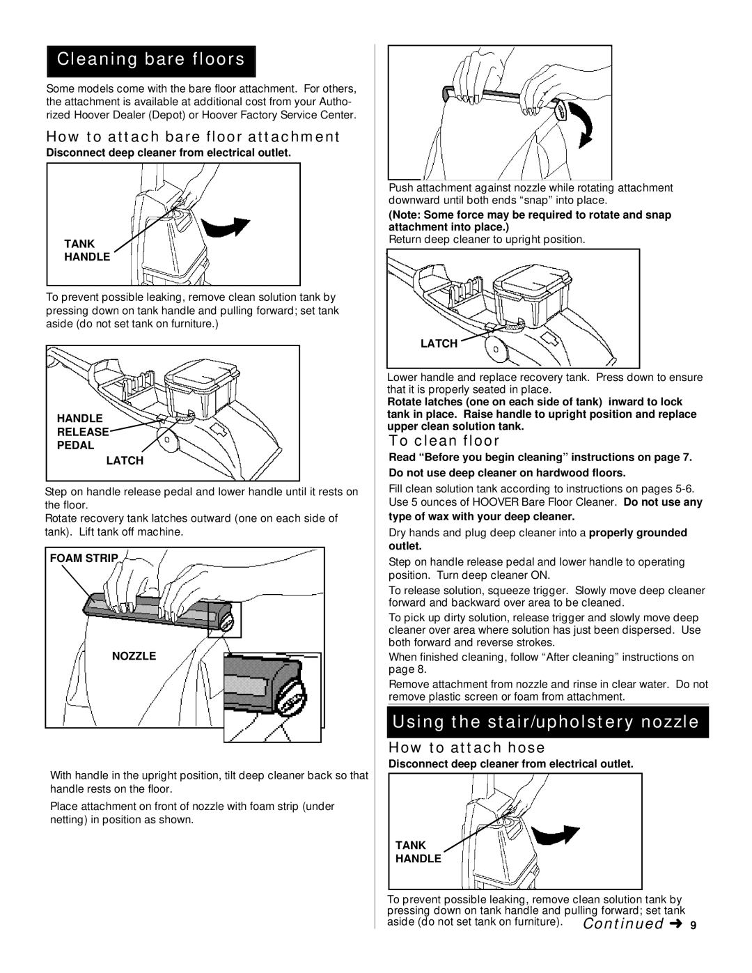 Hoover Deep Cleaner Cleaning bare floors, Using the stair/upholstery nozzle, How to attach bare floor attachment 