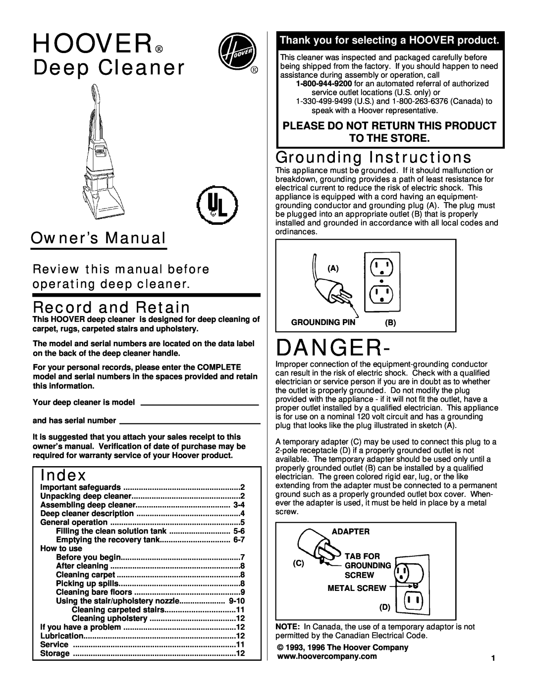 Hoover Deep Cleaner owner manual Hoover, Owner’s Manual, Record and Retain, Index, Grounding Instructions, Danger 
