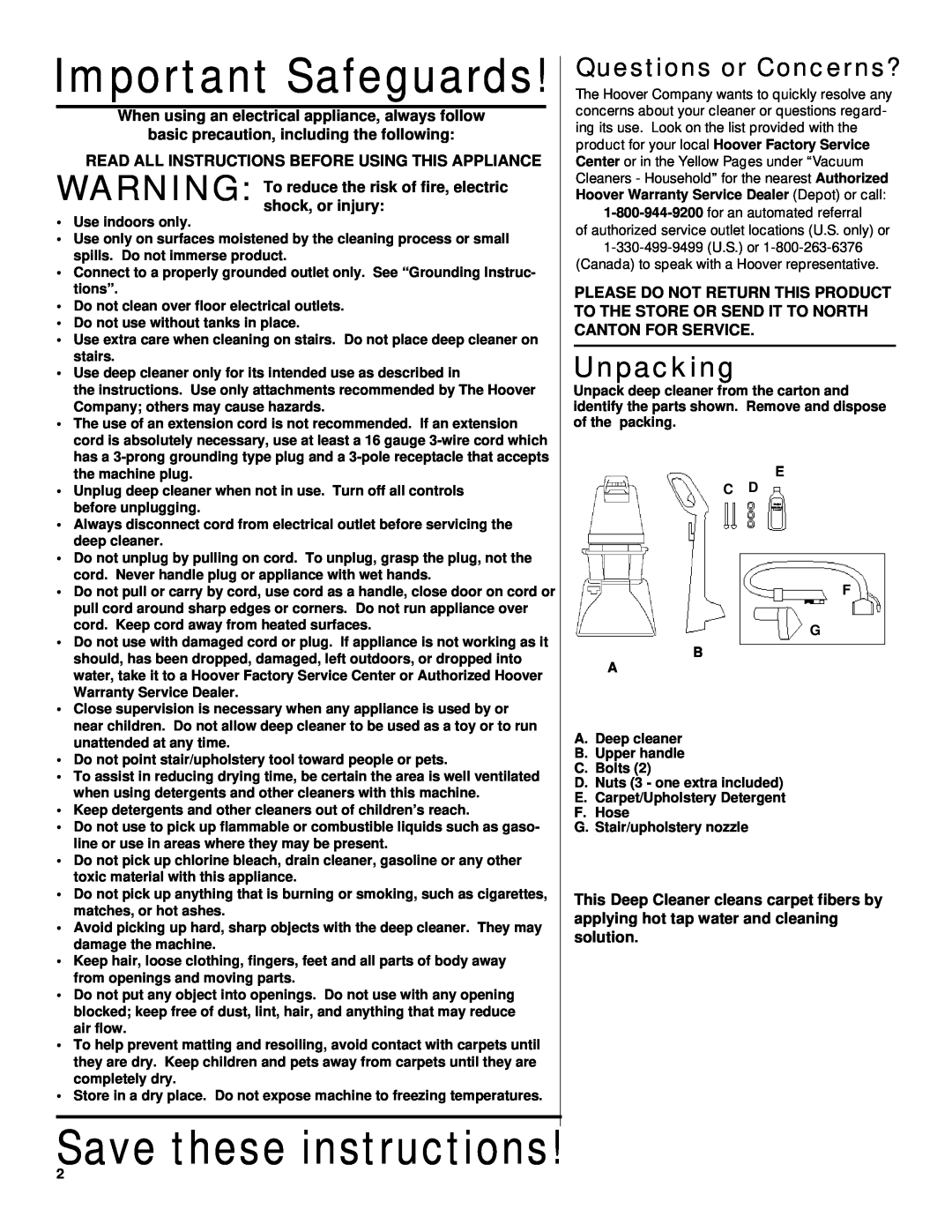 Hoover Deep Cleaner Important Safeguards, Save these instructions, Unpacking, basic precaution, including the following 