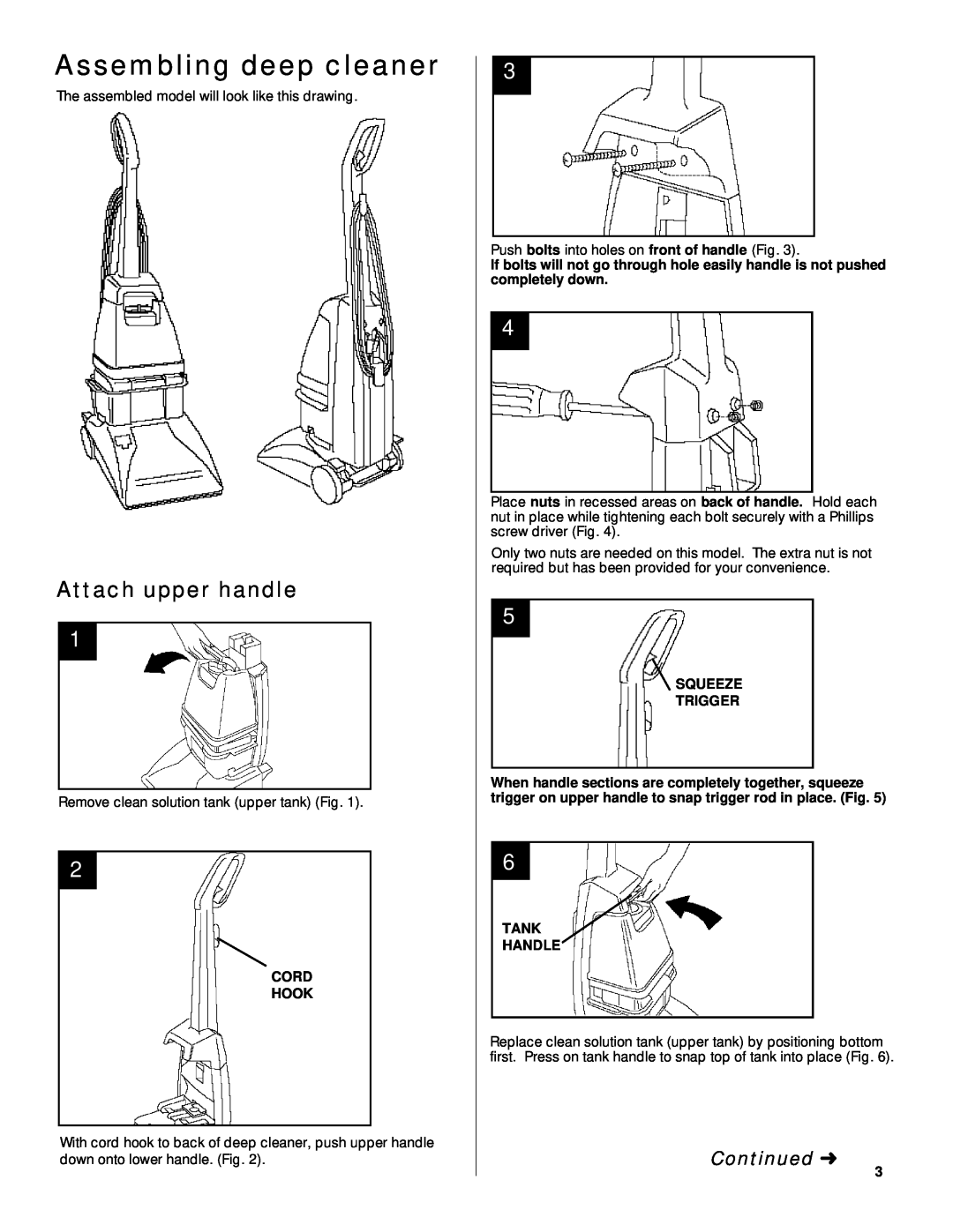Hoover Deep Cleaner owner manual Assembling deep cleaner, Attach upper handle, Continued 