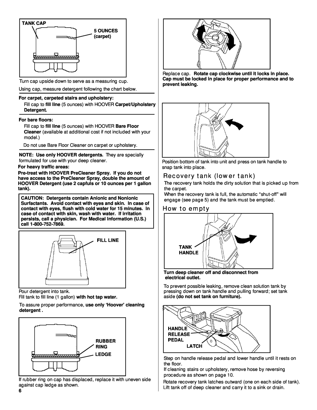 Hoover Deep Cleaner owner manual Recovery tank lower tank, How to empty 