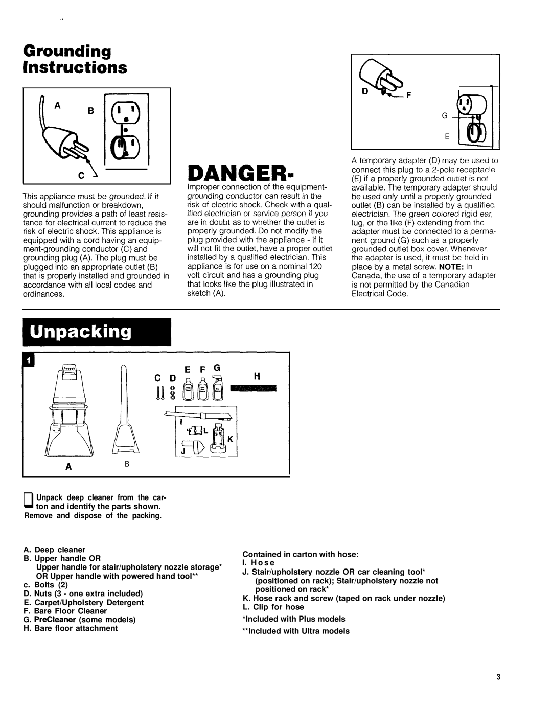 Hoover Ultra Plus, Deluxe owner manual IIa, Grounding Instructions 