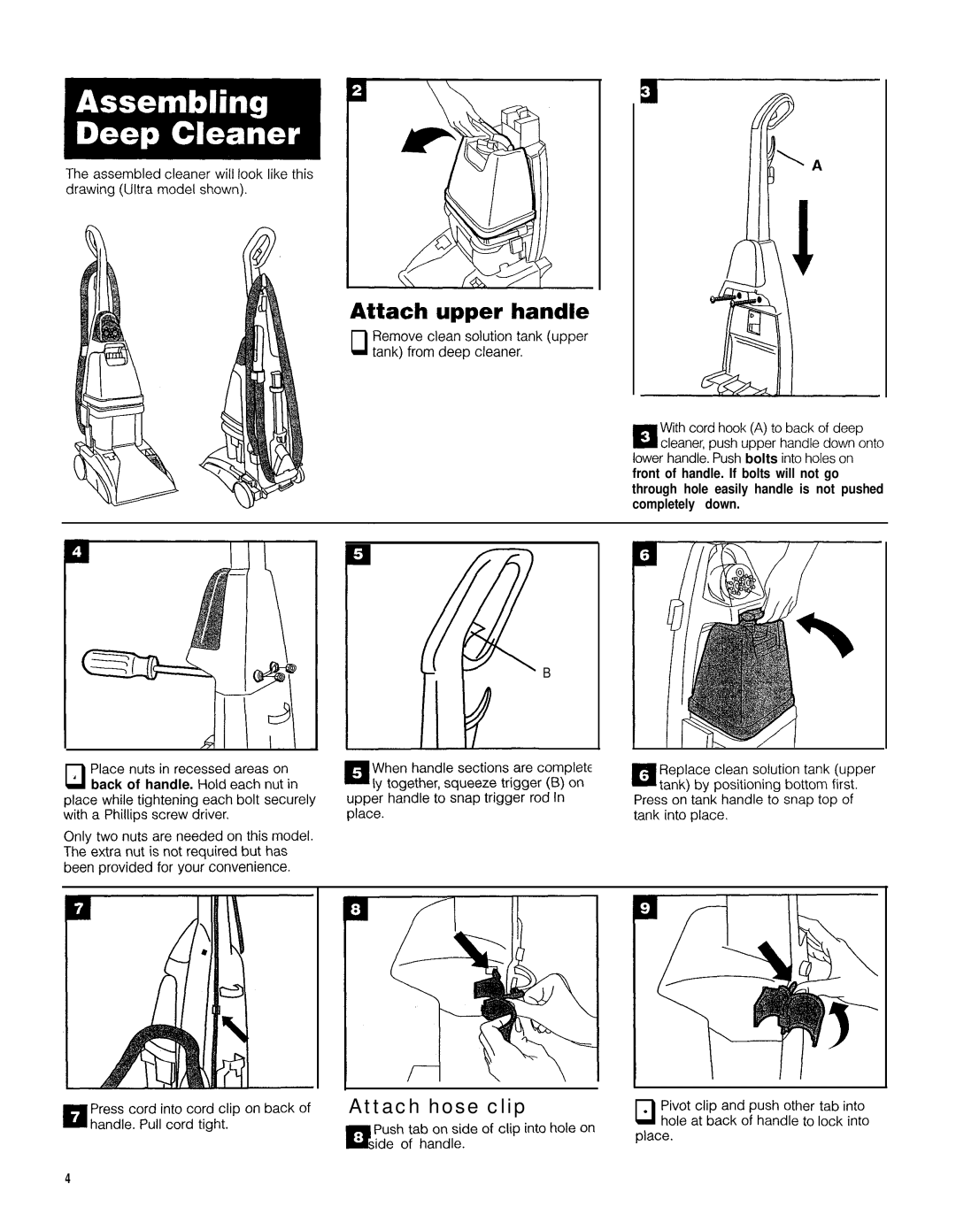 Hoover Deluxe, Ultra Plus owner manual Attach upper handle, Attach hose clip 