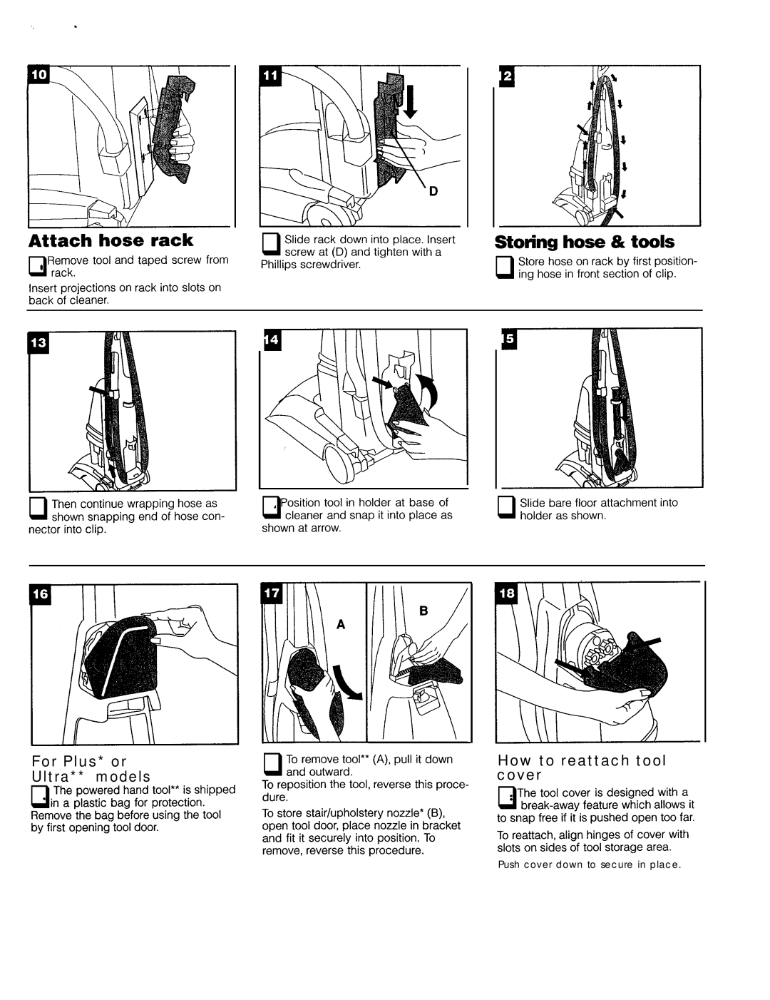 Hoover Ultra Plus, Deluxe Attach hose rack, Storing hose & tools, For Plus* or Ultra** models, How to reattach tool cover 