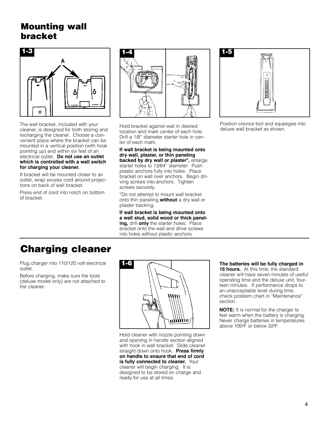 Hoover Dubl-Duty owner manual Charging cleaner, Mounting wall bracket 