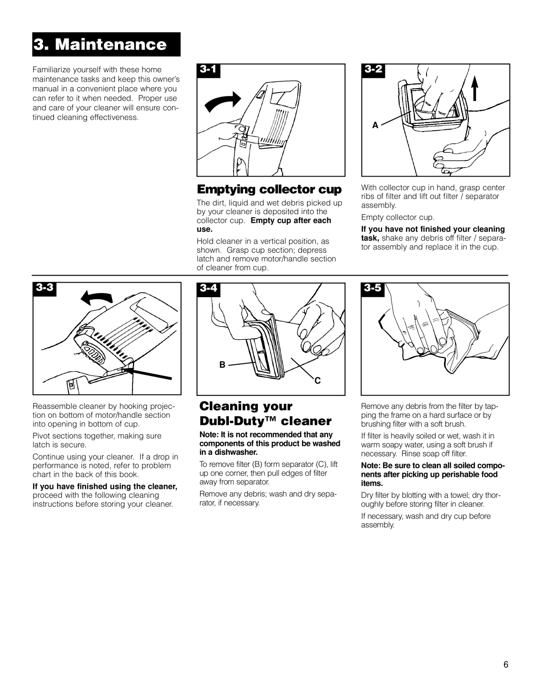 Hoover owner manual Maintenance, Emptying collector cup, Cleaning your Dubl-Duty cleaner 