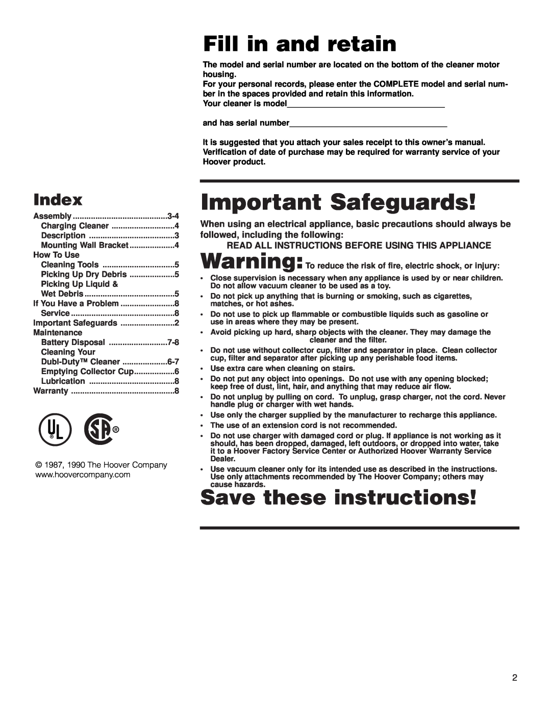 Hoover Dubl-Duty owner manual Index, Important Safeguards, Fill in and retain, Save these instructions 