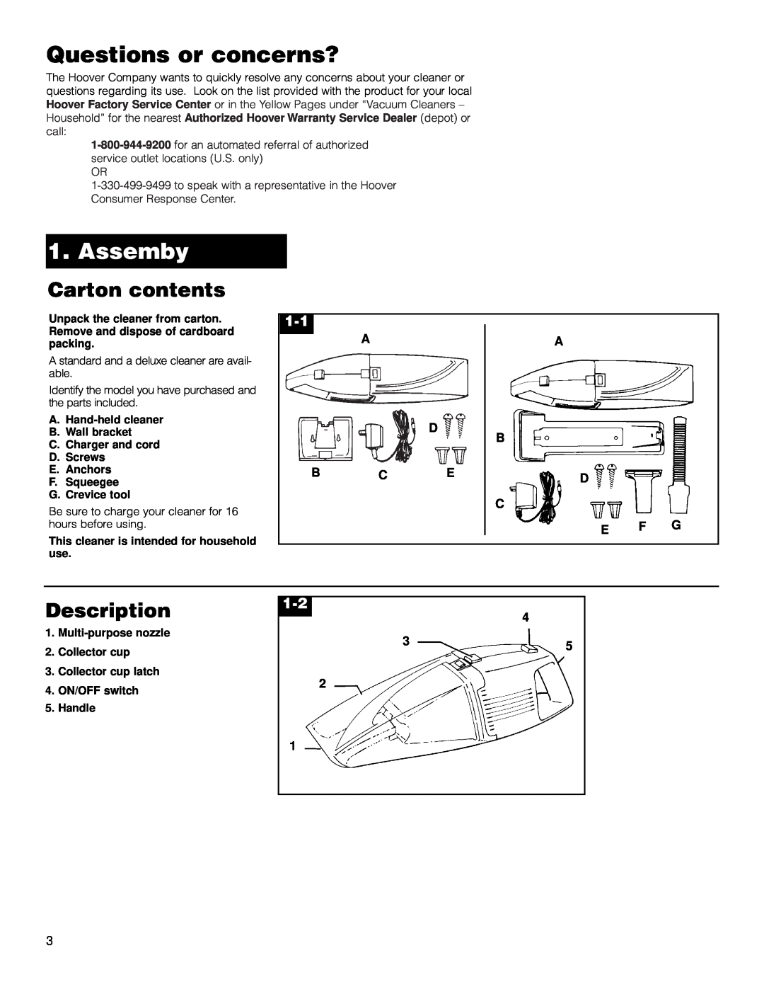 Hoover Dubl-Duty owner manual Questions or concerns?, Assemby, Carton contents, Description 