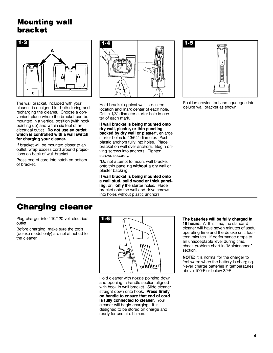 Hoover Dubl-Duty owner manual Charging cleaner, Mounting wall bracket 