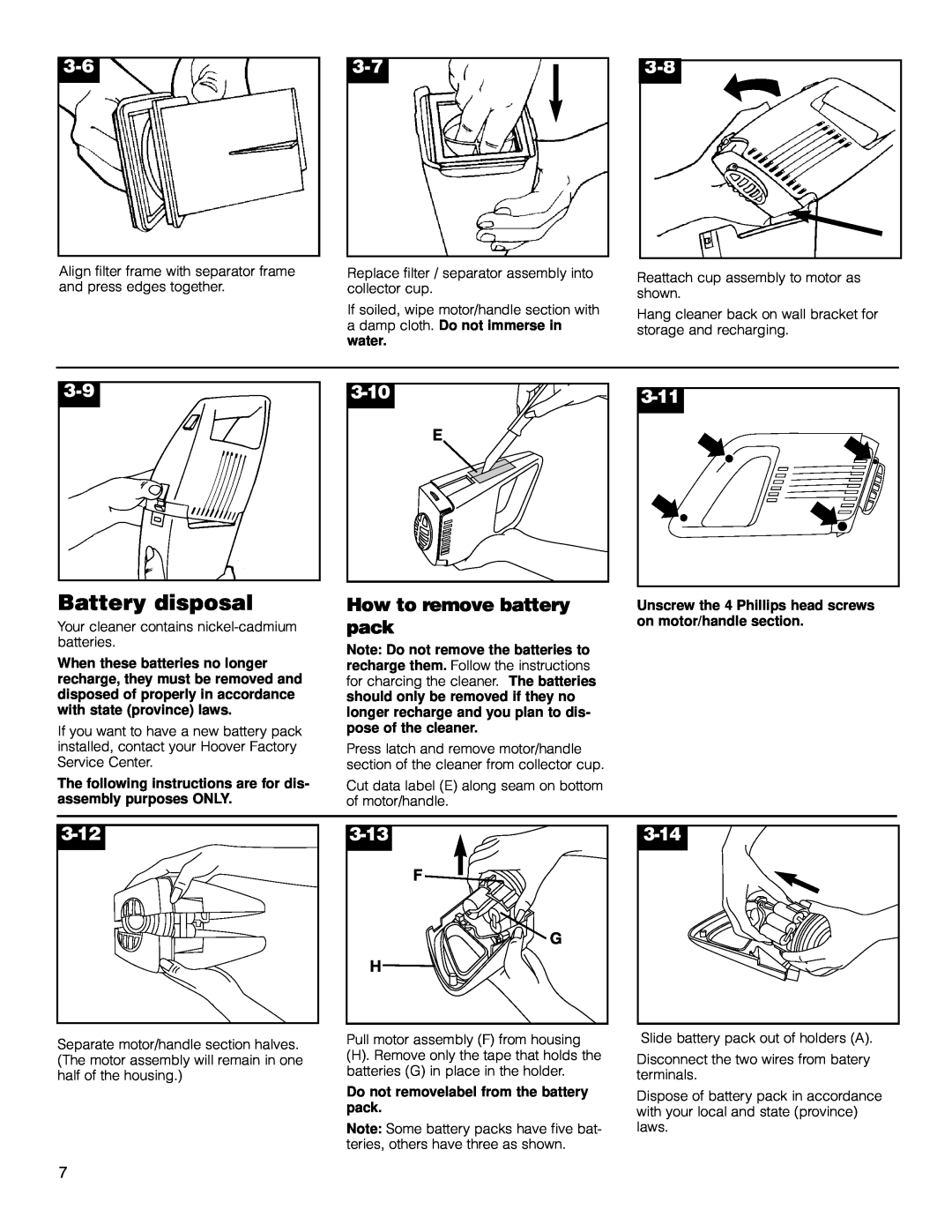 Hoover Dubl-Duty owner manual Battery disposal, 3-10, 3-11, How to remove battery pack, 3-12, 3-13, 3-14 