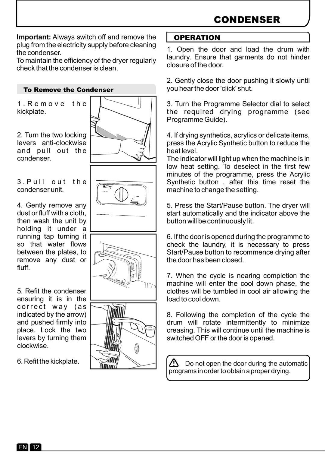 Hoover DYC 8713BX manual Condenser, Operation 