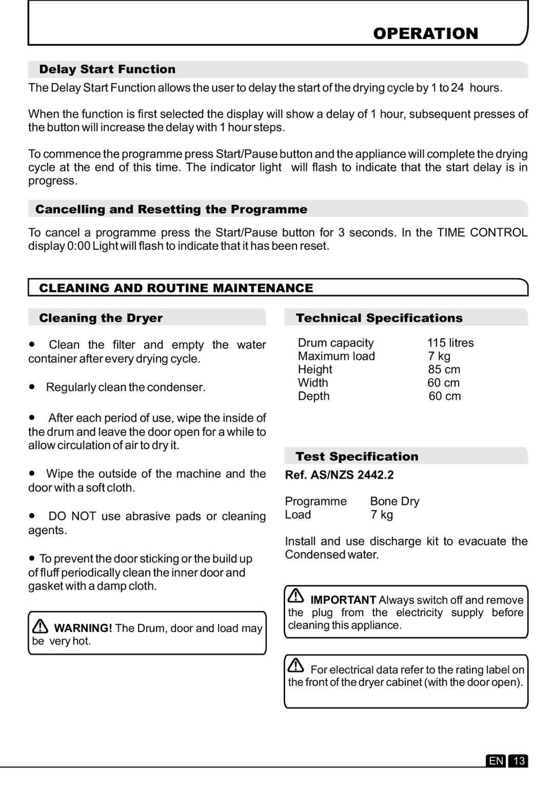 Hoover DYC 8713BX manual Operation, Cleaning and Routine Maintenance 