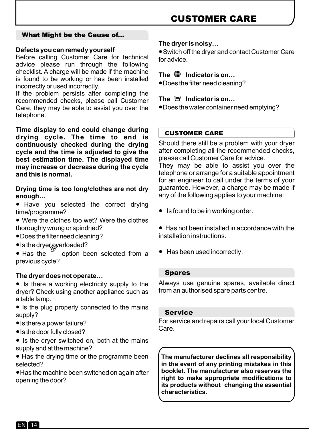 Hoover DYC 8713BX manual Customer Care 