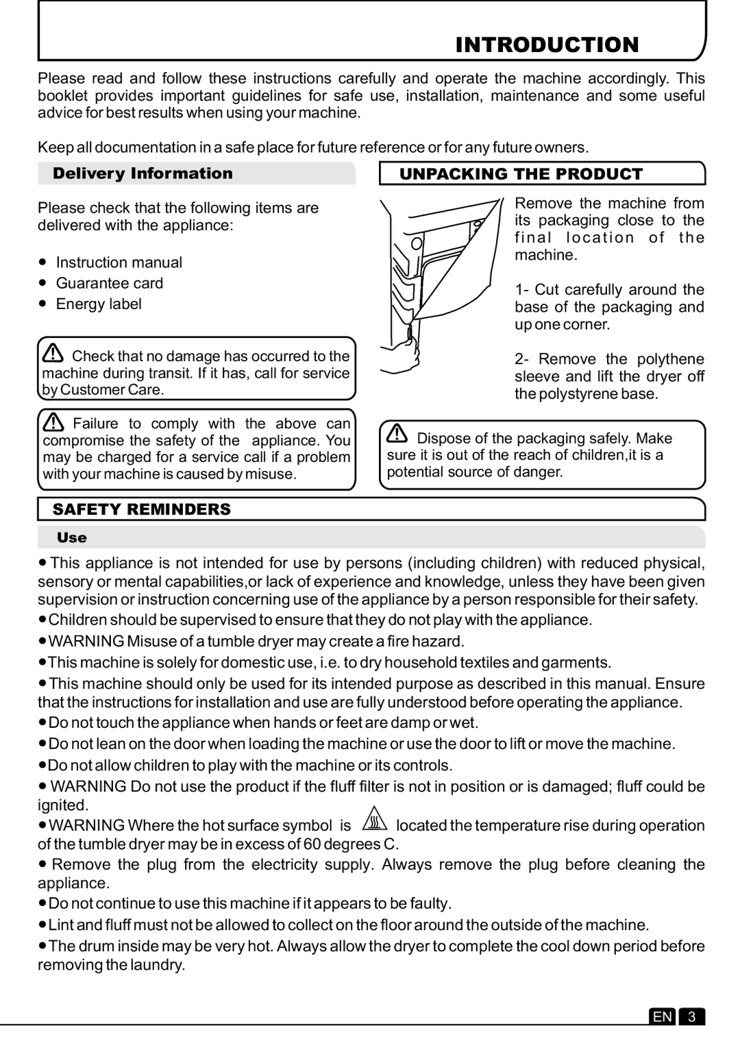 Hoover DYC 8713BX manual Introduction, Delivery Information, Unpacking the Product, Safety Reminders 