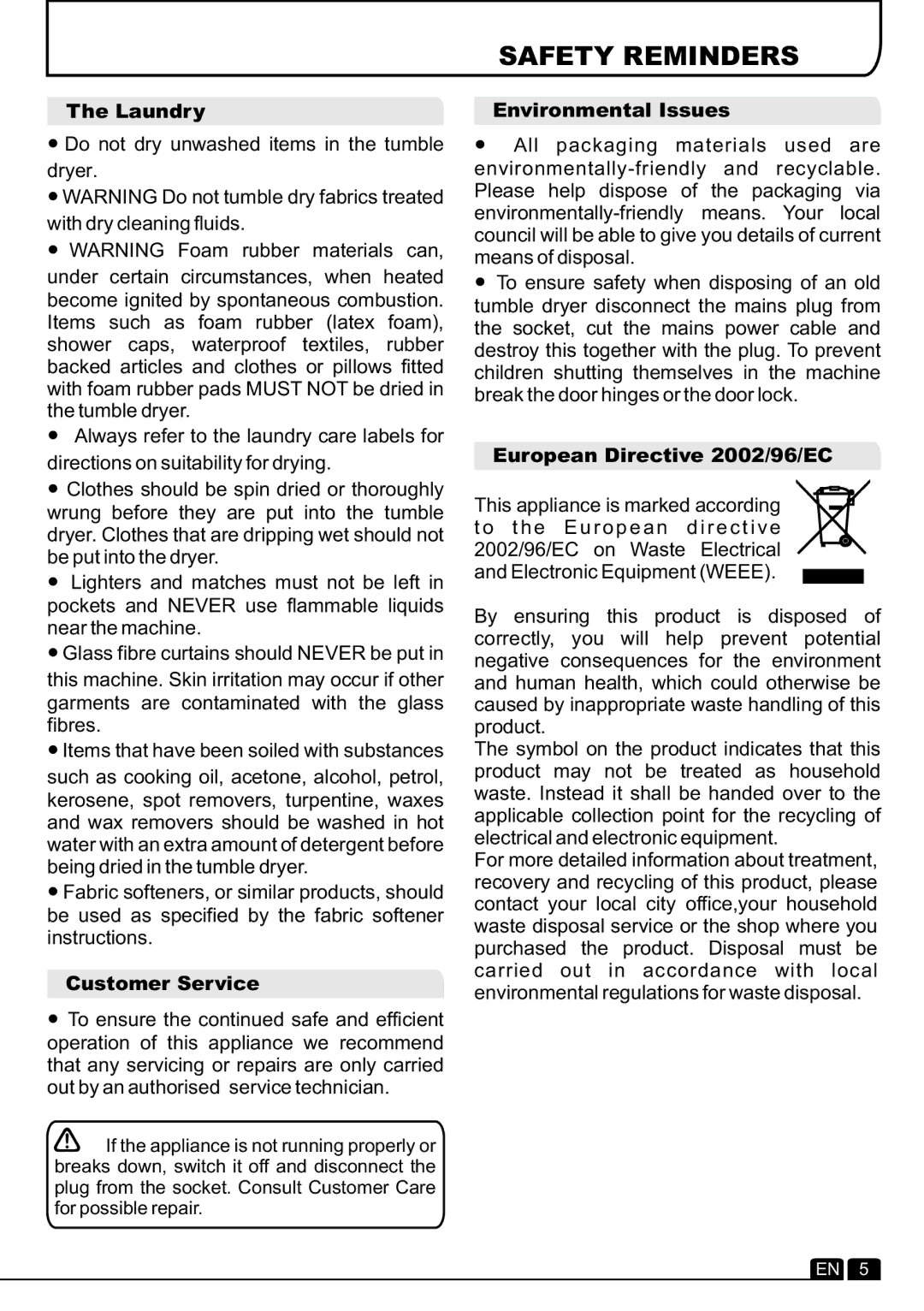 Hoover DYC 8713BX manual Laundry, Customer Service, Environmental Issues, European Directive 2002/96/EC 