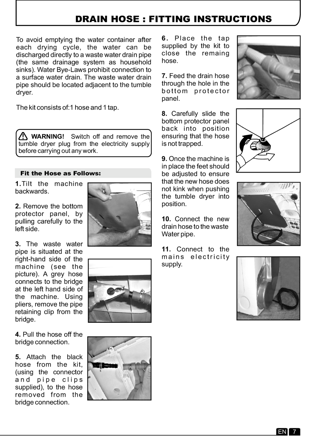 Hoover DYC 8713BX manual Drain Hose Fitting Instructions 