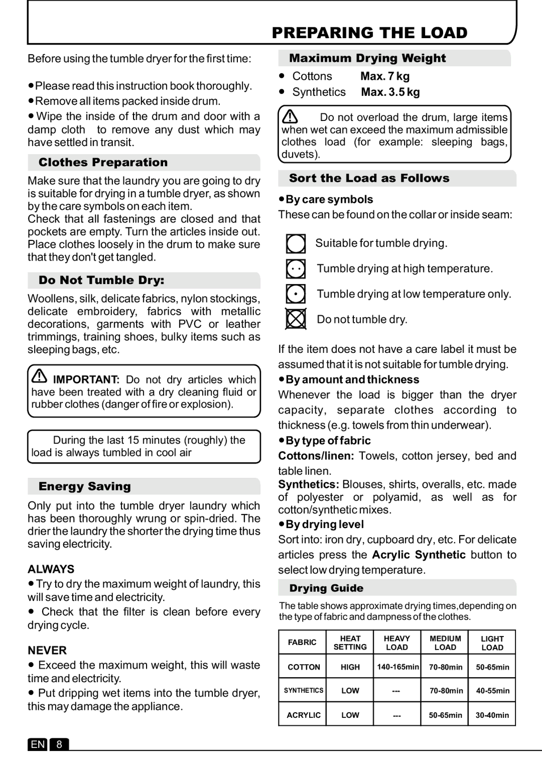 Hoover DYC 8713BX manual Preparing the Load, Always, Never 