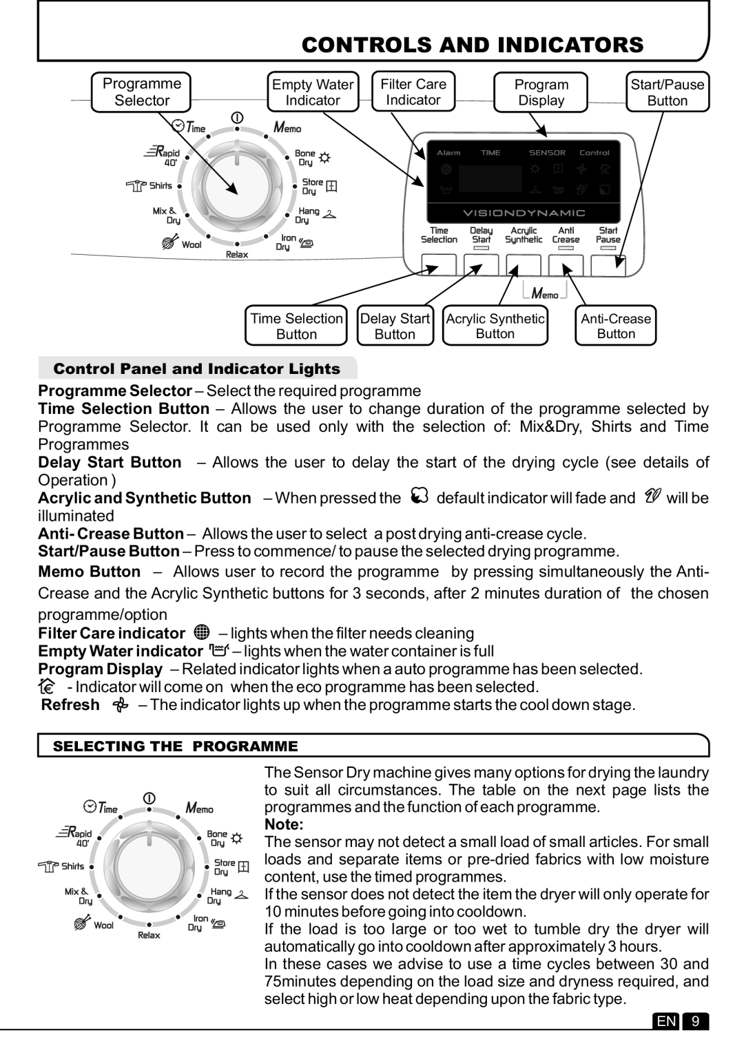 Hoover DYC 8713BX manual Controls and Indicators, Acrylic and Synthetic Button When pressed, Default indicator will fade 