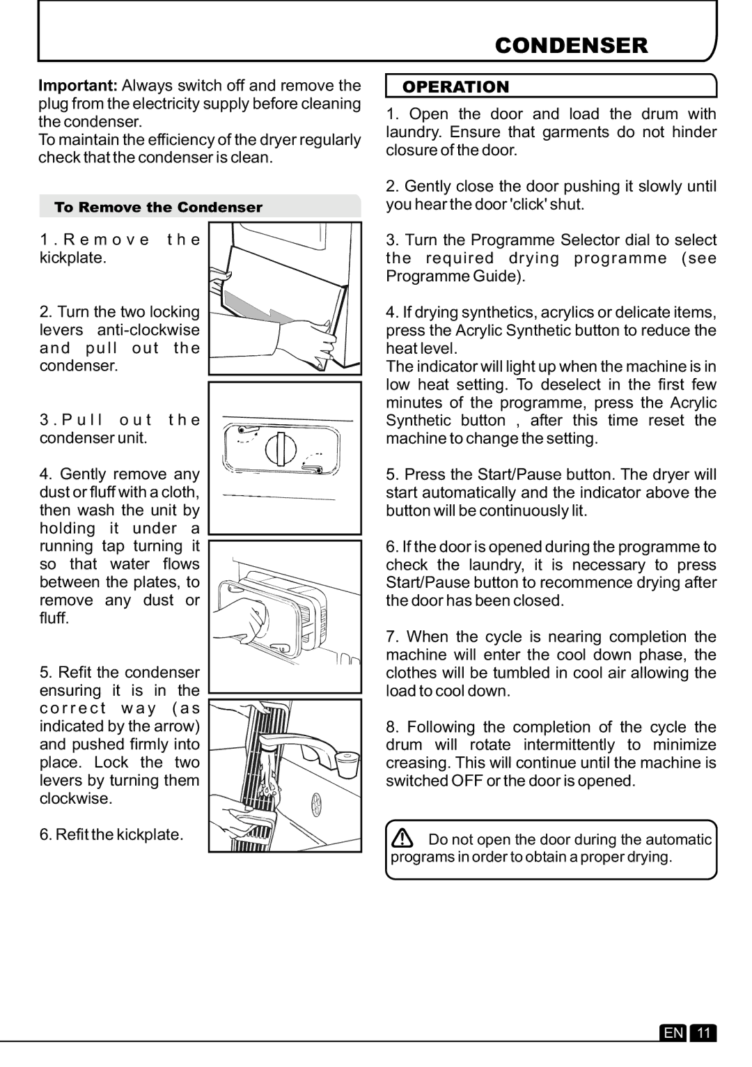 Hoover DYC 88132BXC manual Condenser, Operation 