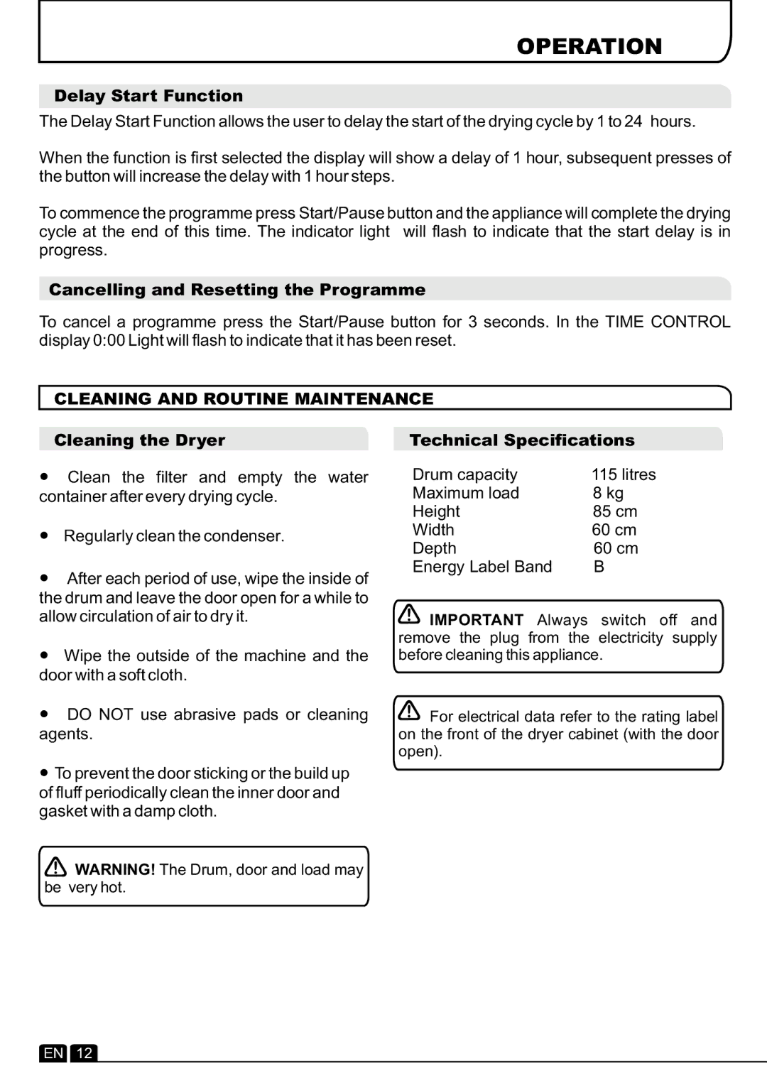 Hoover DYC 88132BXC manual Operation, Cleaning and Routine Maintenance 