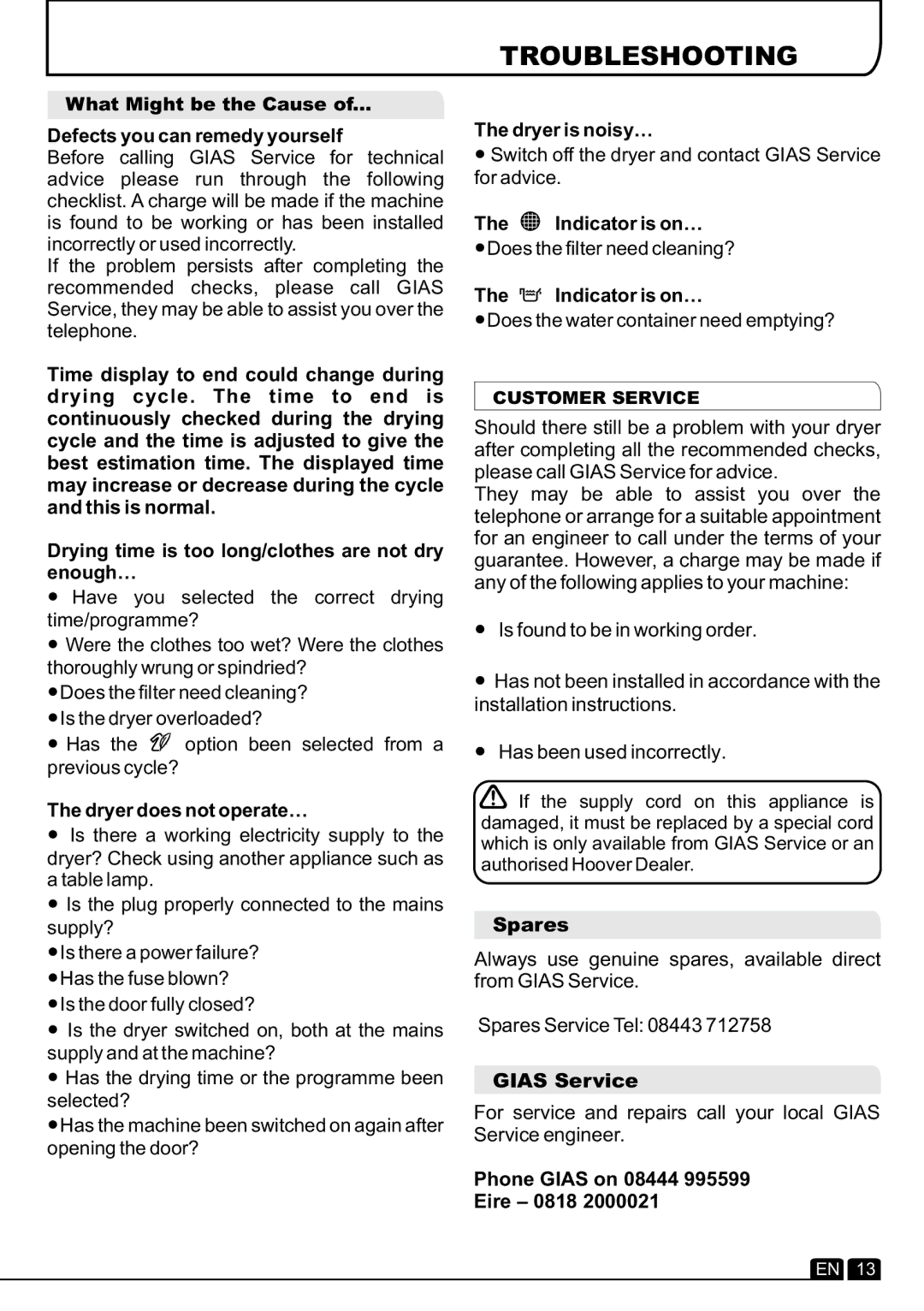 Hoover DYC 88132BXC manual Troubleshooting 